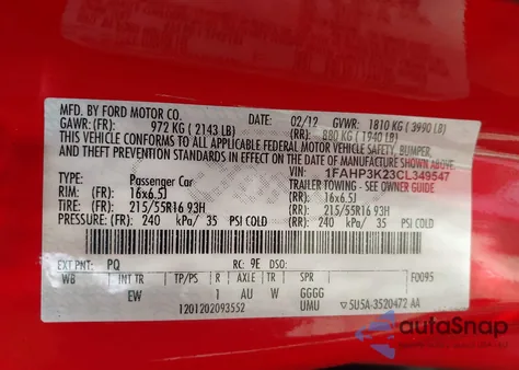 2012 Ford Focus Se из США, поврежденный, VIN 1FAHP3K23CL349547